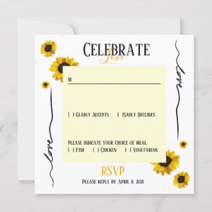 Convite RSVP celebrar amor e girassóis dourados