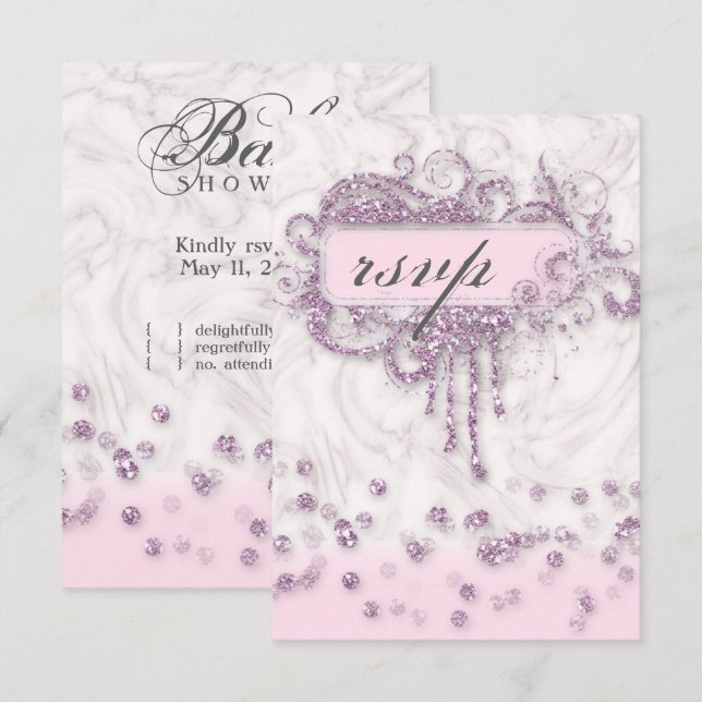 Convite RSVP Chuveirinho de Bebê Menina Mármore Rosa Confe (Frente/Verso)