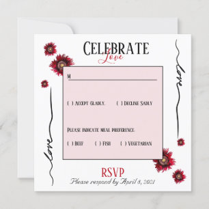 Convite RSVP comemora amor e flores vermelhas