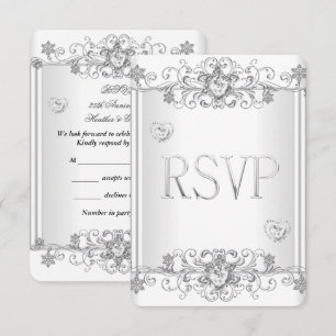 Convite RSVP Corações de Diamante Branco Prata 2