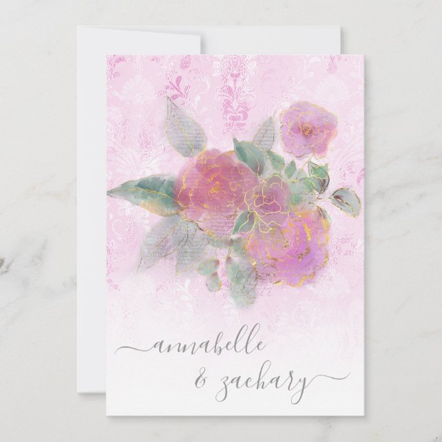 Convite *~* RSVP Damask - QR Rose Bouquet AR12 Wedding Inv (Frente)