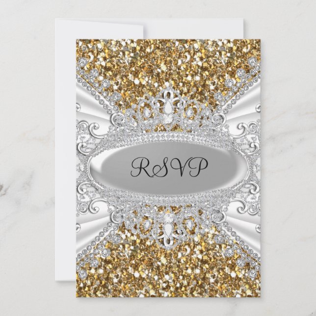 Convite RSVP de 16 Dourado Glitter & Diamond Tiara Sweet (Frente)