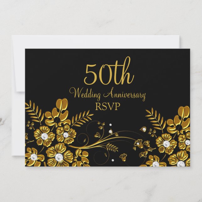 Convite RSVP de 50 anos da Dourada Diamond Floral Swirl 50 (Frente)