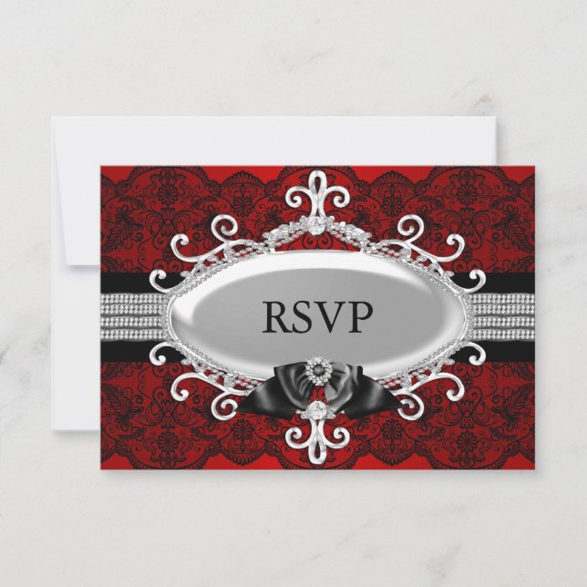 Convite RSVP de Arco Elegante Red Black Lace & Jewel (Frente)