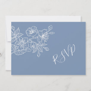 Convite RSVP de Arte da Linha Floral Branco Dusty Blue