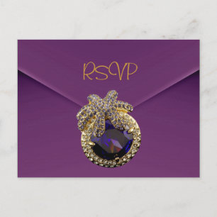 Convite RSVP de Cartão Postal Roxo Dourado Jóia