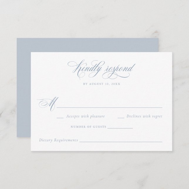 Convite RSVP de Casamento Azul Dusty do Script de Caligraf (Frente/Verso)