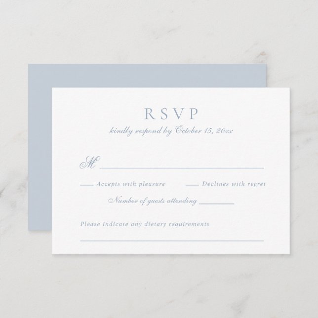 Convite RSVP de Casamento Azul Dusty do Script Elegante Mo (Frente/Verso)