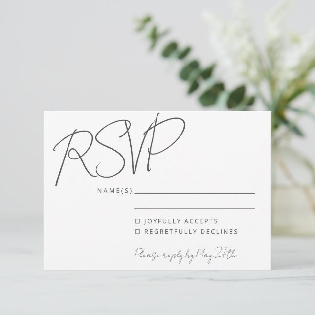 Convite RSVP de Casamento Branco de Escrita Manual Elegant (Em pé/Frente)