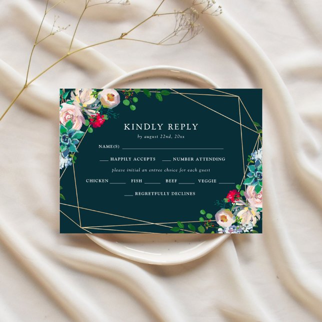 Convite RSVP de Casamento Chic Dourado e Suculente (Criador carregado)