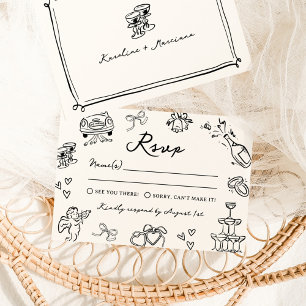 Convite RSVP de Casamento com Desenhos à Mão Caprichosos