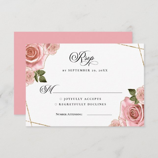 Convite RSVP de Casamento com Glitter de Rosas Dourados e  (Frente/Verso)