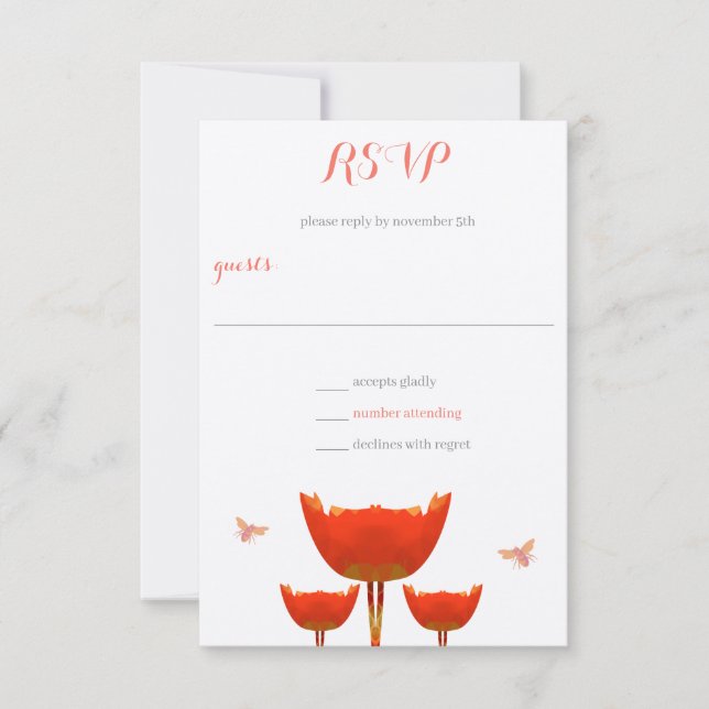Convite RSVP de Casamento com Papoulas Laranja e Abelhas (Frente)