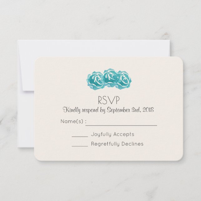 Convite RSVP de Casamento com Rosas Azul-turquesa em Aquar (Frente)