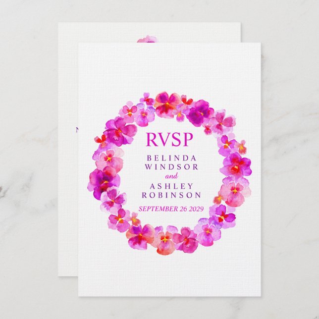Convite RSVP de Casamento, coroa floral rosa pansy (Frente/Verso)
