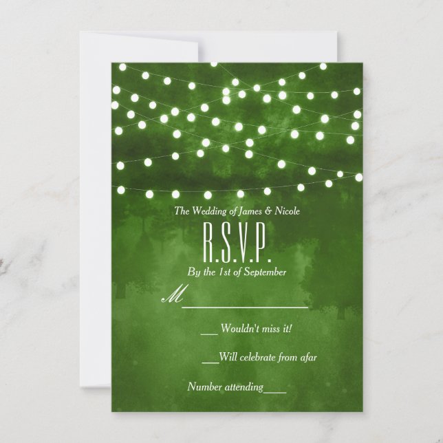 Convite RSVP de Casamento das Luzes Russas da Floresta Ver (Frente)