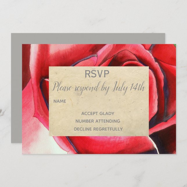 Convite RSVP de Casamento de Arte de Flor de Rosa vermelha (Frente/Verso)