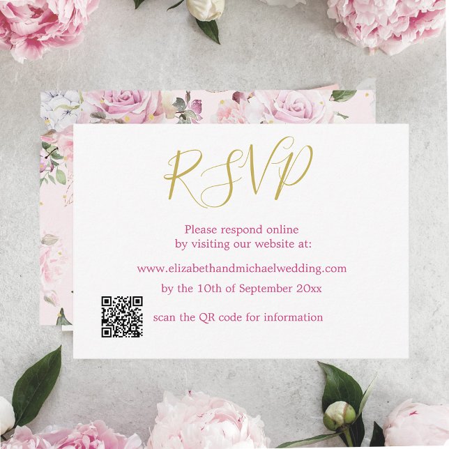 Convite RSVP de Casamento de Código QR Rosa de Rosa Floral (Criador carregado)