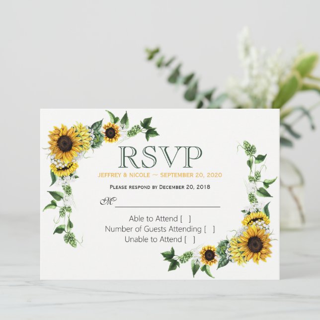 Convite RSVP de casamento de girassol floral no estilo faz (Em pé/Frente)