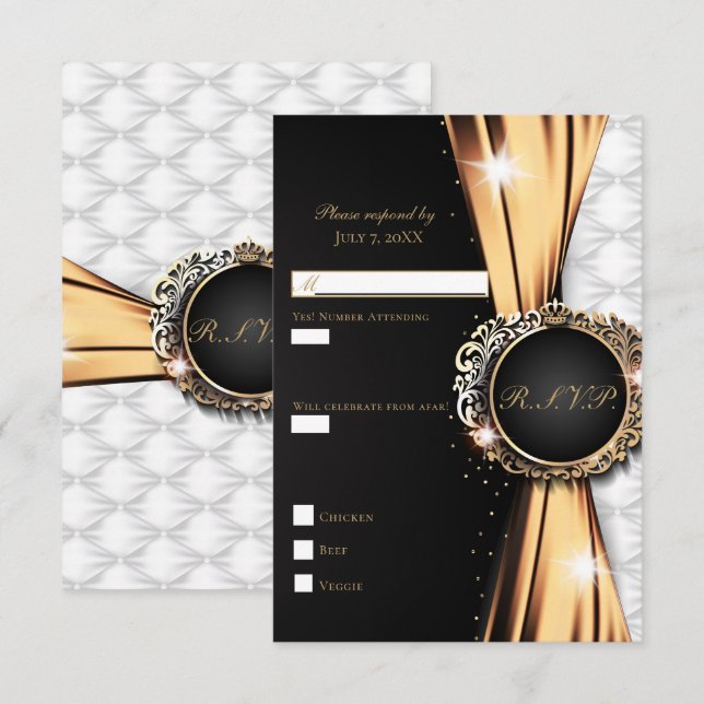 Convite RSVP de Casamento de Luxo Elegante Dourado e Branc (Frente/Verso)