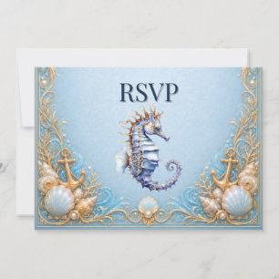 Convite RSVP de casamento de luxo na praia com cavalo-mari