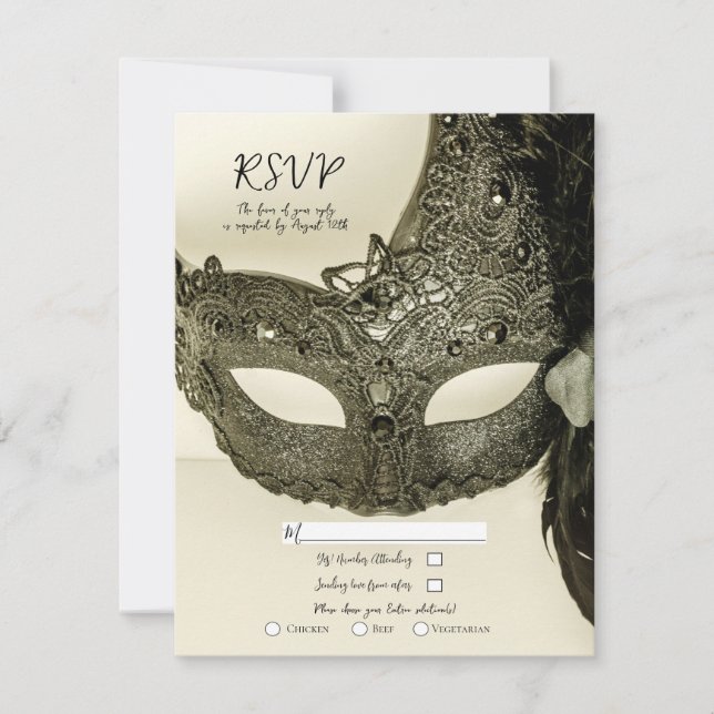 Convite RSVP de Casamento de Máscara de Mascarada de Pena  (Frente)