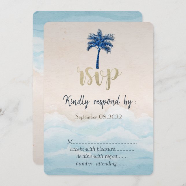 Convite RSVP de Casamento de Palm de Praia Tropical (Frente/Verso)