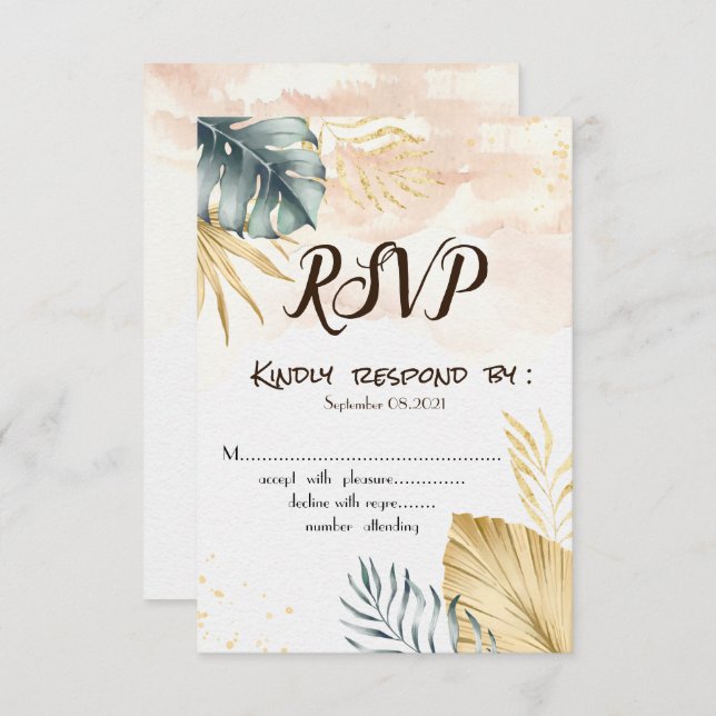 Convite RSVP de Casamento de Praia de Palm Leaves (Frente/Verso)