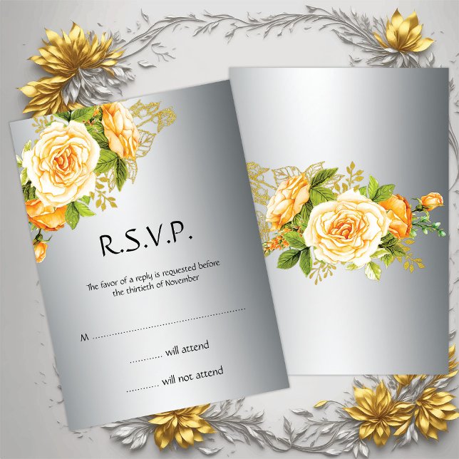 Convite RSVP de Casamento de Rosas Amarelas e Silver (Criador carregado)