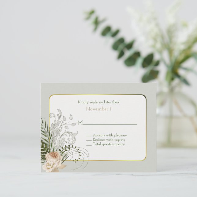 Convite RSVP de Casamento de Rosas de Marfim legante (Em pé/Frente)