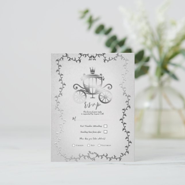 Convite RSVP de Casamento de Storybook da Carruagem Silver (Em pé/Frente)
