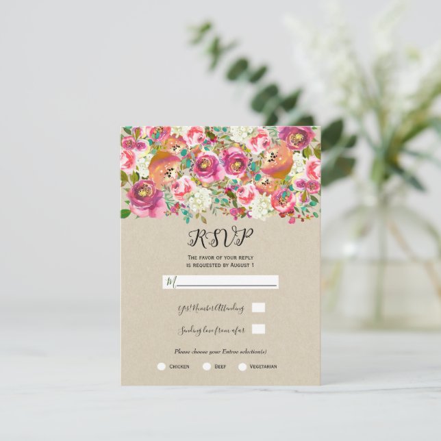 Convite RSVP de Casamento do Chique Floral Kraft Elegante (Em pé/Frente)