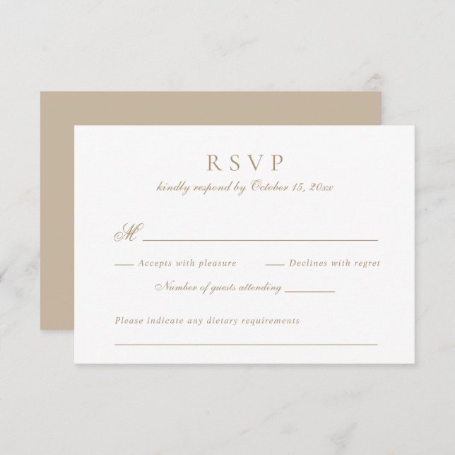 Convite RSVP de Casamento Dourado Anterior de Script Elega (Frente/Verso)
