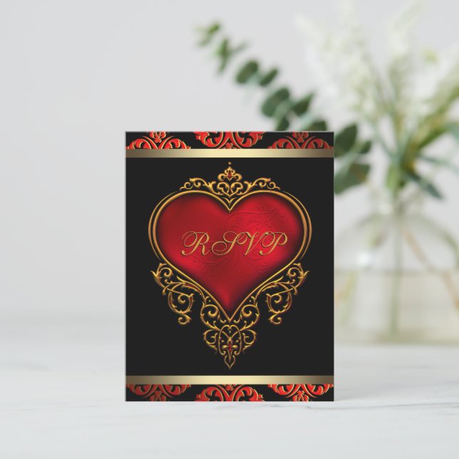 Convite RSVP de Casamento Dourado e Preto Vermelho (Em pé/Frente)