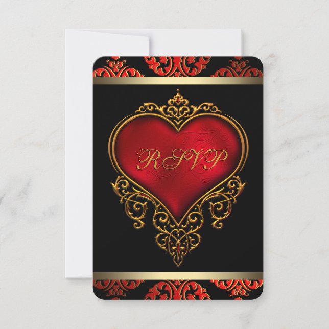 Convite RSVP de Casamento Dourado e Preto Vermelho (Frente)