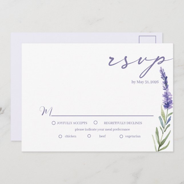 Convite RSVP de Casamento Elegante de Aquarela da lavanda  (Frente/Verso)