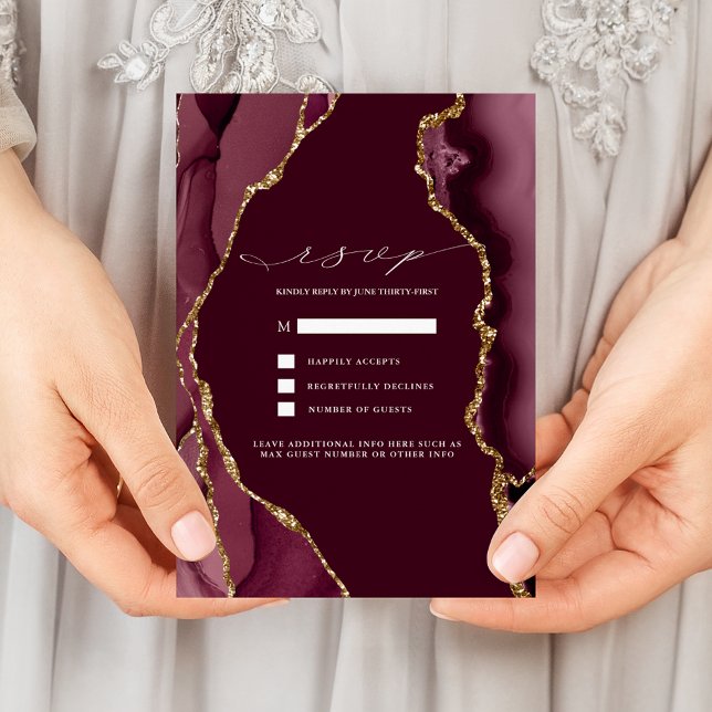 Convite RSVP de casamento em Ágata Burgundy & Ouro (Criador carregado)
