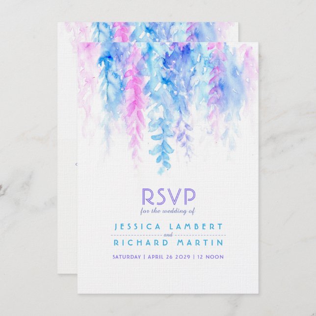 Convite RSVP de casamento em azul roxo em efeito aquarela (Frente/Verso)