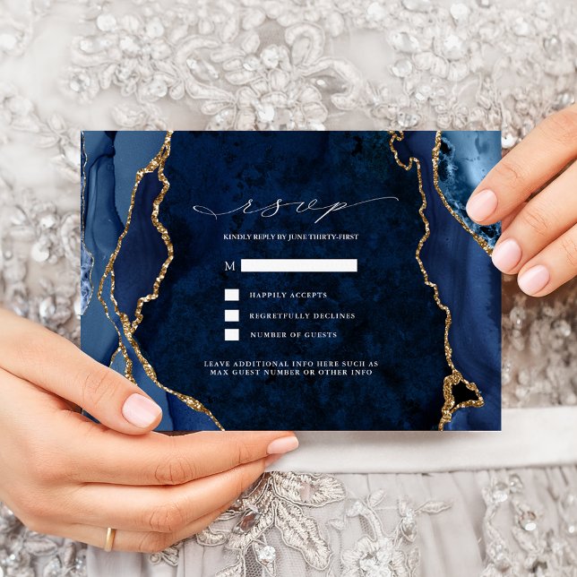 Convite RSVP de casamento em mármore naval e ágata dourada (Criador carregado)