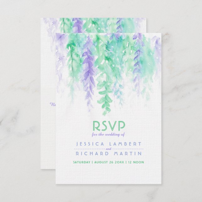 Convite RSVP de casamento em verde roxo cascata aquarela (Frente/Verso)