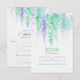 Convite RSVP de casamento em verde roxo em cascata aquarel