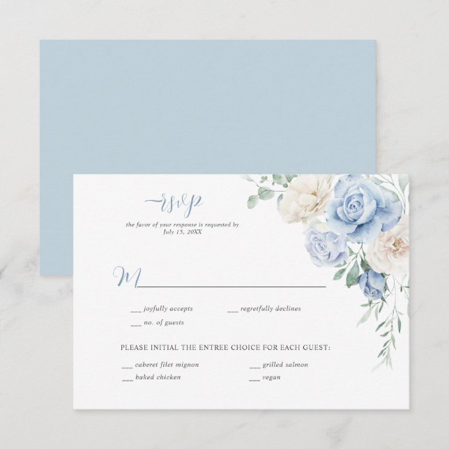 Convite RSVP de Casamento Floral Azul e Branco (Frente/Verso)
