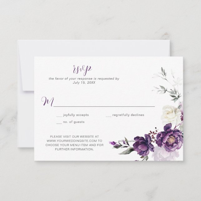 Convite RSVP de casamento floral com peônias roxas para do (Frente)