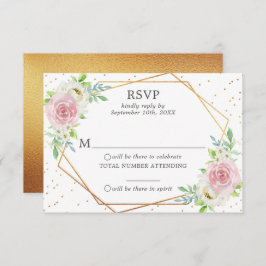 Convite RSVP de Casamento Floral de Folha de Ouro Geométri