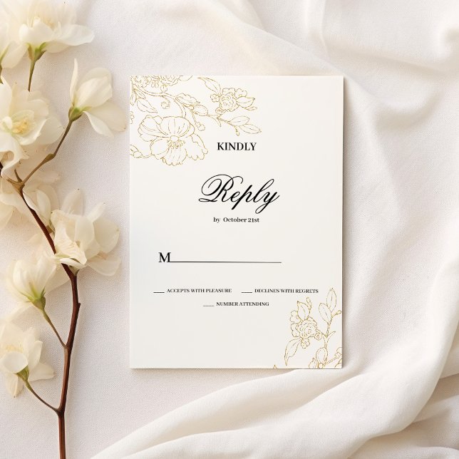 Convite RSVP de Casamento floral de ouro branco elegante s (Simple elegant white gold floral Wedding RSVP)