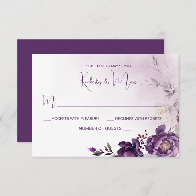 Convite RSVP de Casamento Floral de Pessoas Púrpuras (Frente/Verso)