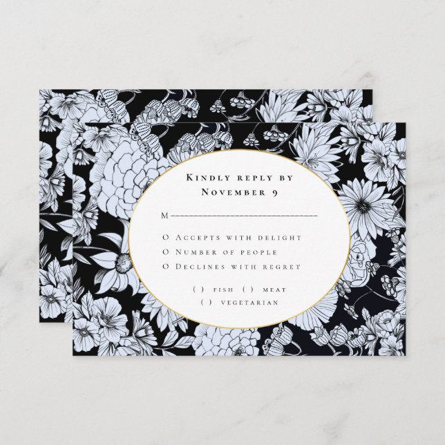 Convite RSVP de Casamento Floral Negro Elegante (Frente/Verso)