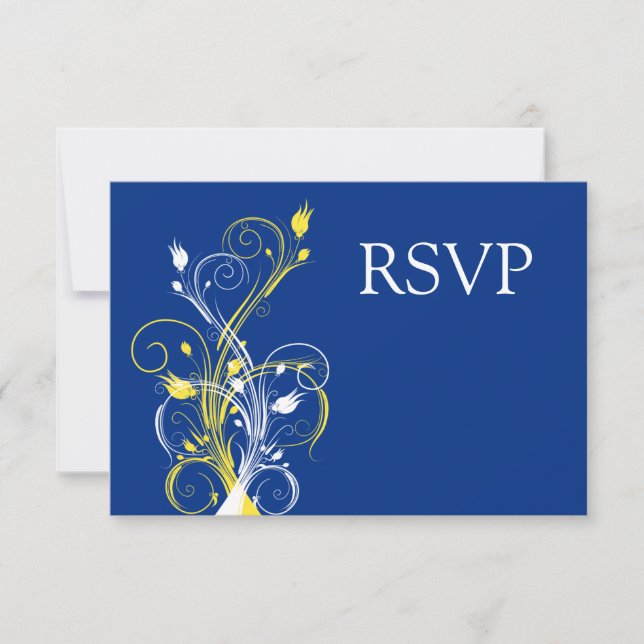 Convite RSVP de Casamento Floral Real Azul, Amarelo, Branc (Frente)