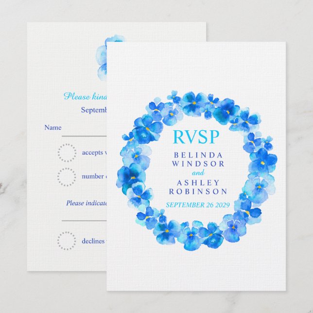 Convite RSVP de Casamento Fora Azul Pansy (Frente/Verso)