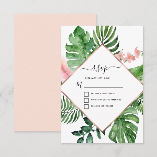 Convite RSVP de Casamento Geométrico com Aquarela de Palme (Frente/Verso)